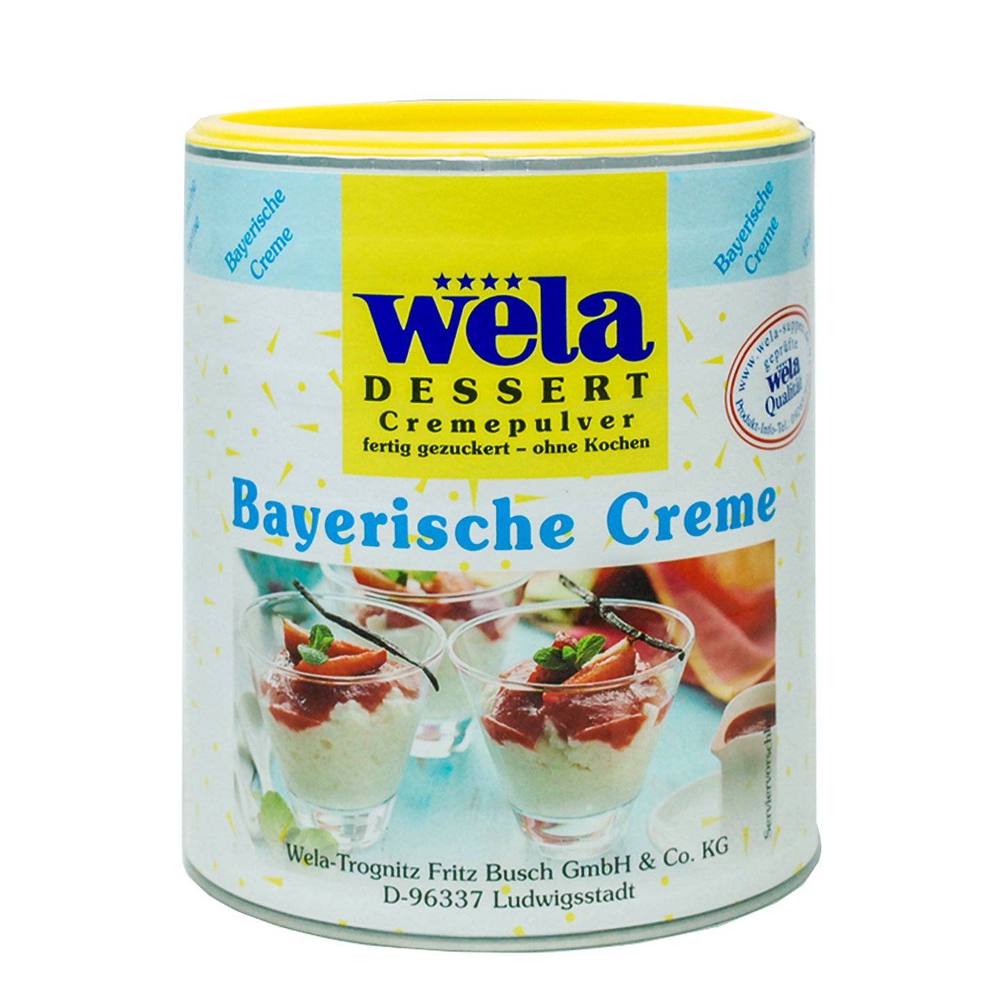 Wela Bayerische Creme – Dose mit weißem Etikett, Produktbezeichnung und Dessertmotiv.