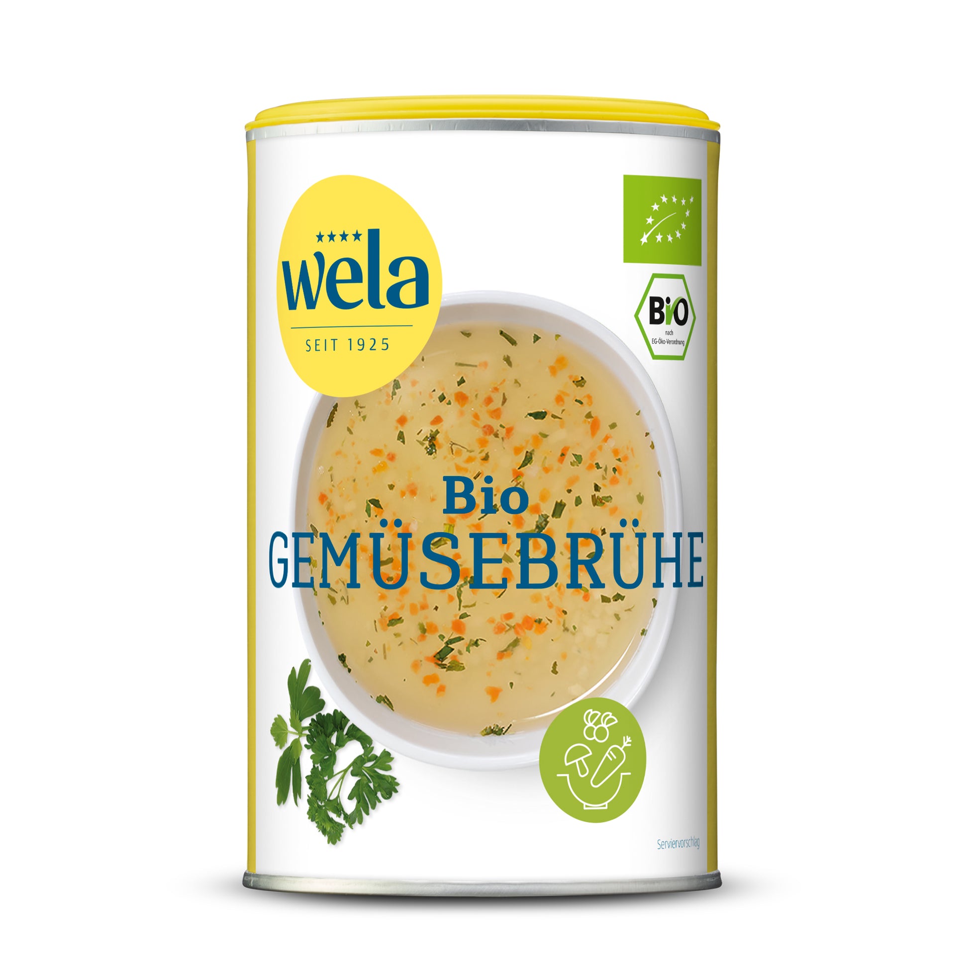 Wela Bio Gemüsebrühe gekörnt - Dose mit gelb-weißem Vorderseitenetikett., Motiv einer Brühe mit Kräutern.