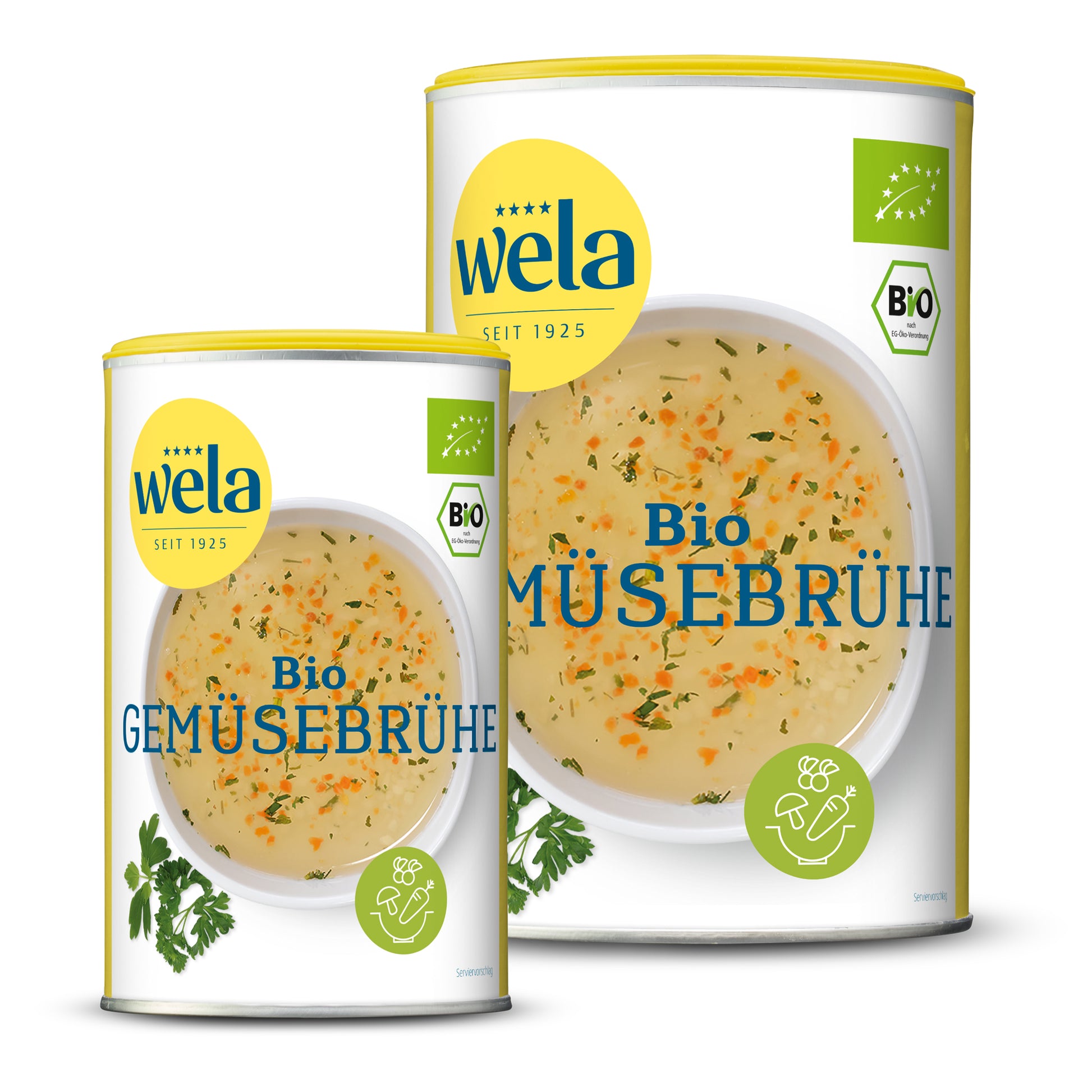 Wela Bio Gemüsebrühe gekörnt - eine kleine Dose und eine Vorratsdose mit gelb-weißem Vorderseitenetikett, Motiv einer Brühe mit Kräutern.