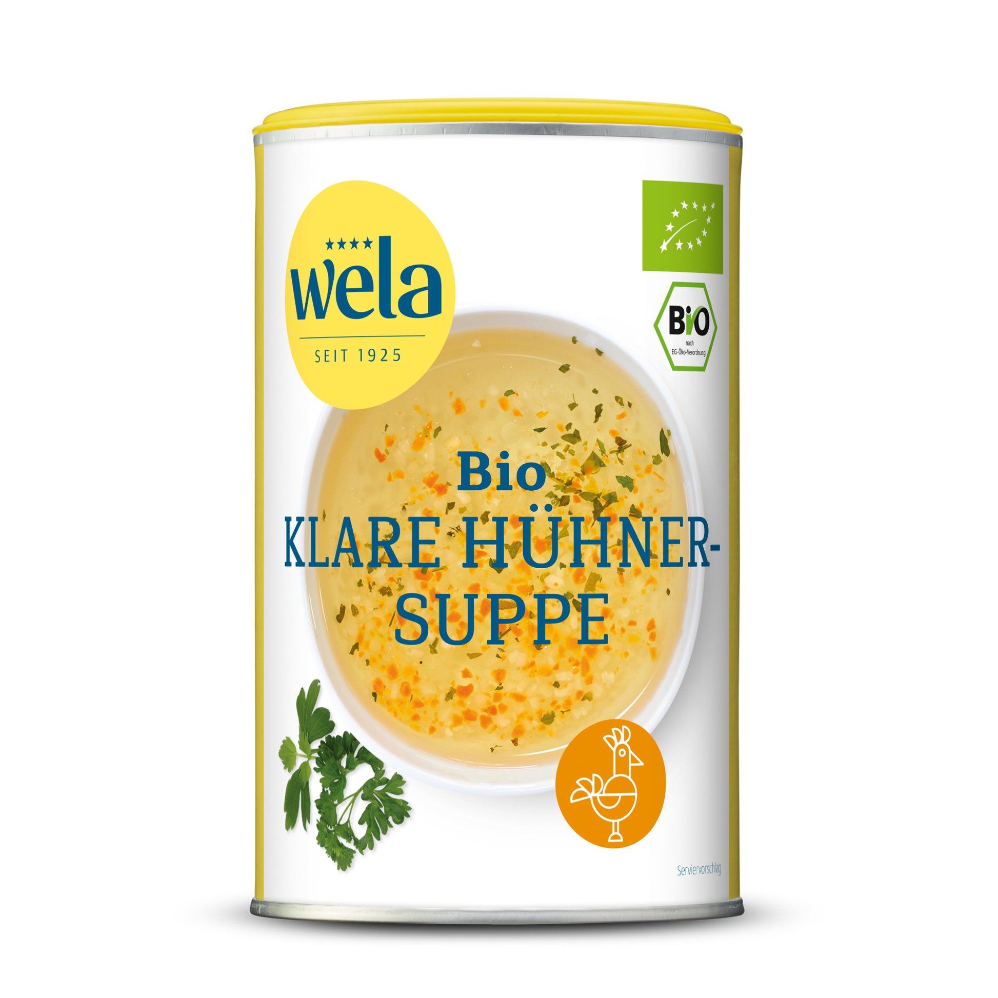 Wela Bio Klare Hühnersuppe gekörnt - Dose mit gelb-weißem Vorderseitenetikett, Motiv einer Brühe mit Kräutern.