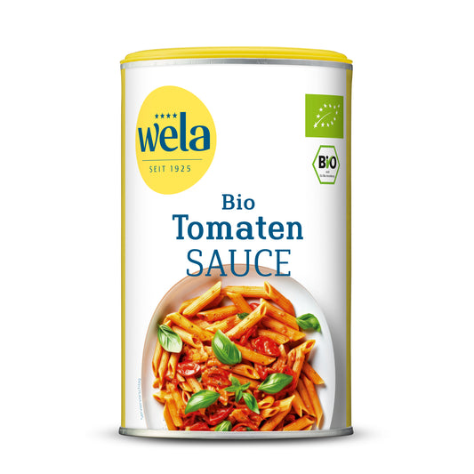 Wela Bio Tomatensauce - eine Dose mit weiß-gelbem Etikett, Produktbezeichnung und Pastagericht als Motiv.
