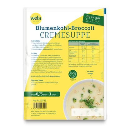 Wela Blumenkohl-Broccolicremesuppe Gourmet, 3 Teller – Beutel Rückseite mit Zubereitung, Zutaten und Nährwerten
