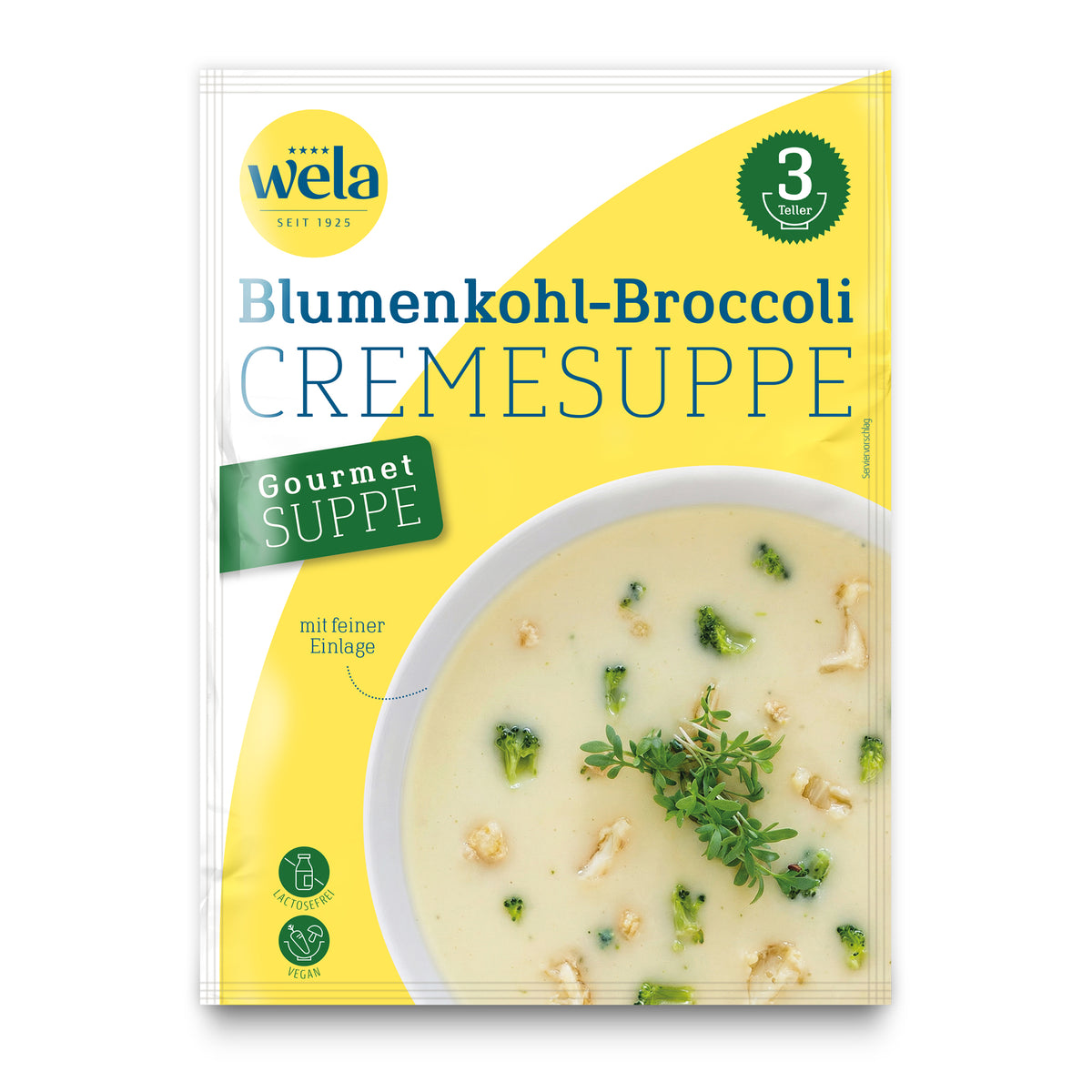 Wela Blumenkohl-Broccolicremesuppe Gourmet, 3 Teller – Beutel Vorderseite