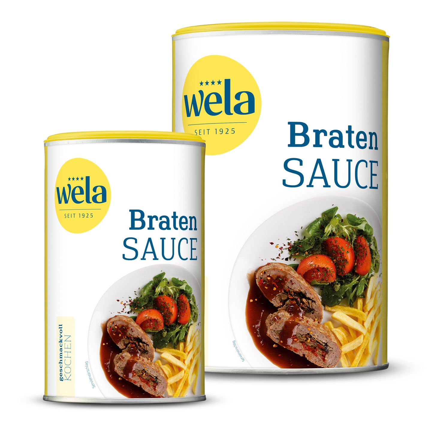 Wela Bratensauce - eine kleine Dose und eine Vorratsdose mit weiß-gelbem Etikett, Schriftzug und Tellergericht als Motiv.
