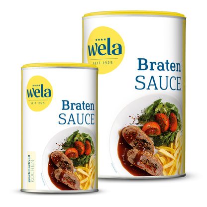 Wela Bratensauce - eine kleine Dose und eine Vorratsdose mit weiß-gelbem Etikett, Schriftzug und Tellergericht als Motiv.
