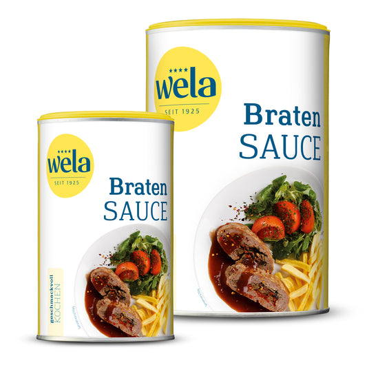 Wela Bratensauce - eine kleine Dose und eine Vorratsdose mit weiß-gelbem Etikett, Schriftzug und Tellergericht als Motiv.
