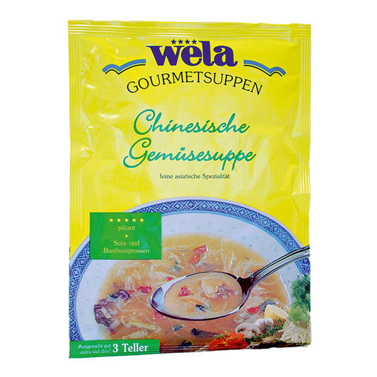 Ein gelber Suppenbeutel mit grüner Aufschrift und Suppe als Motiv.
