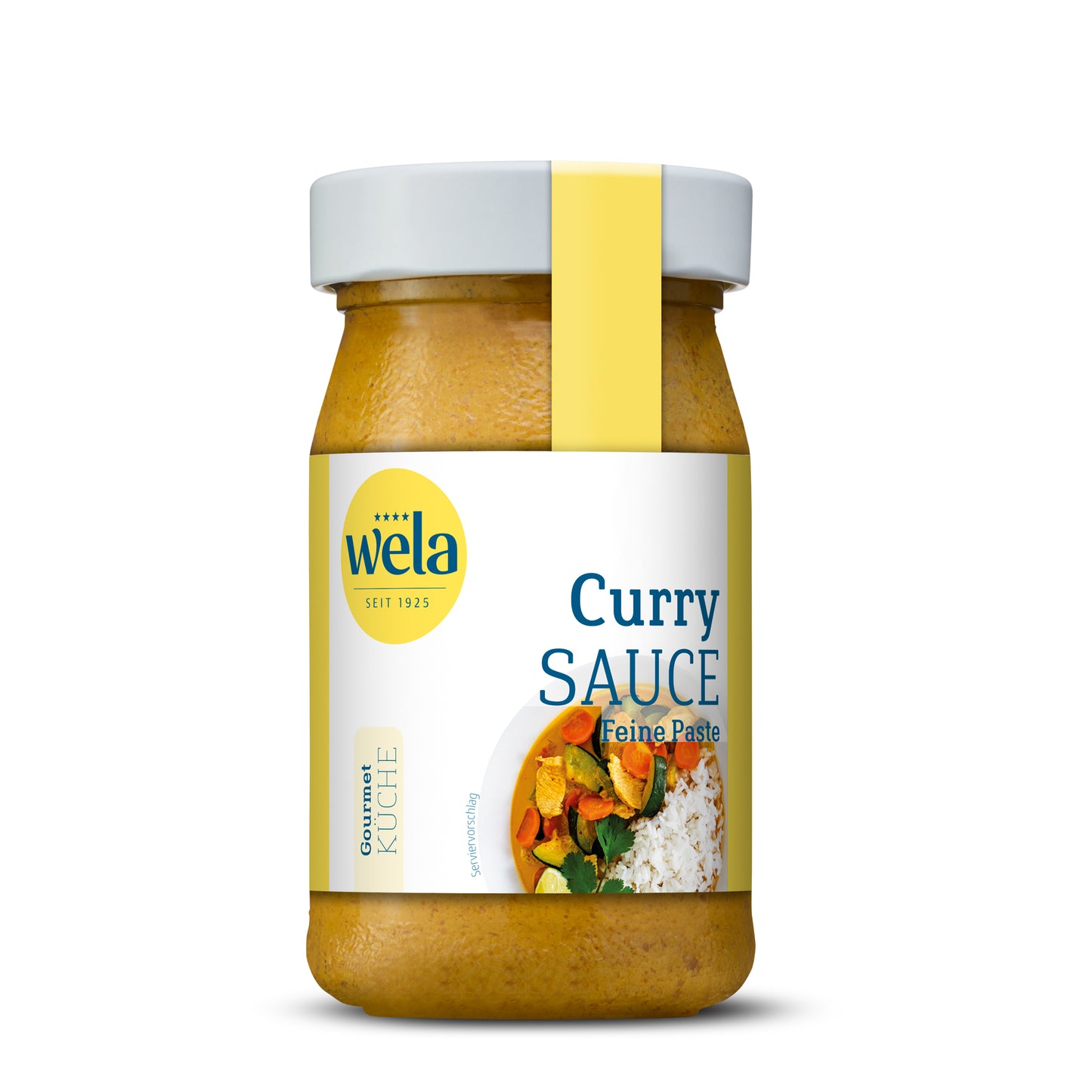 Wela Currysauce feine Paste - Glas mit gelber Saucenpaste, gelb-weißem Vorderseitenetikett, gelbe Banderole, Motiv eines Currygerichts.