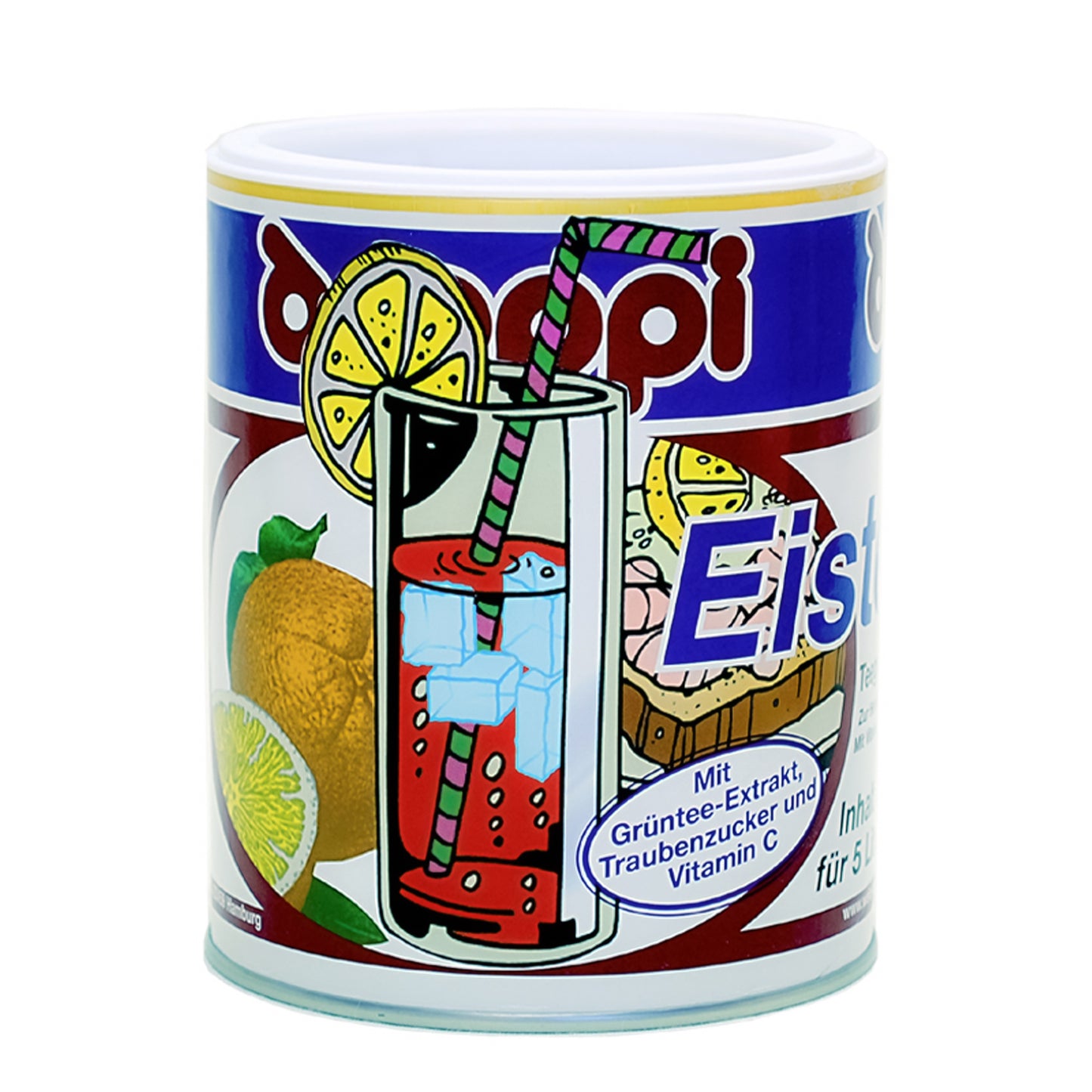 Wela Droppi Eistee Zitrone - eine Dose mit bunten Illustrationen auf dem Etikett.