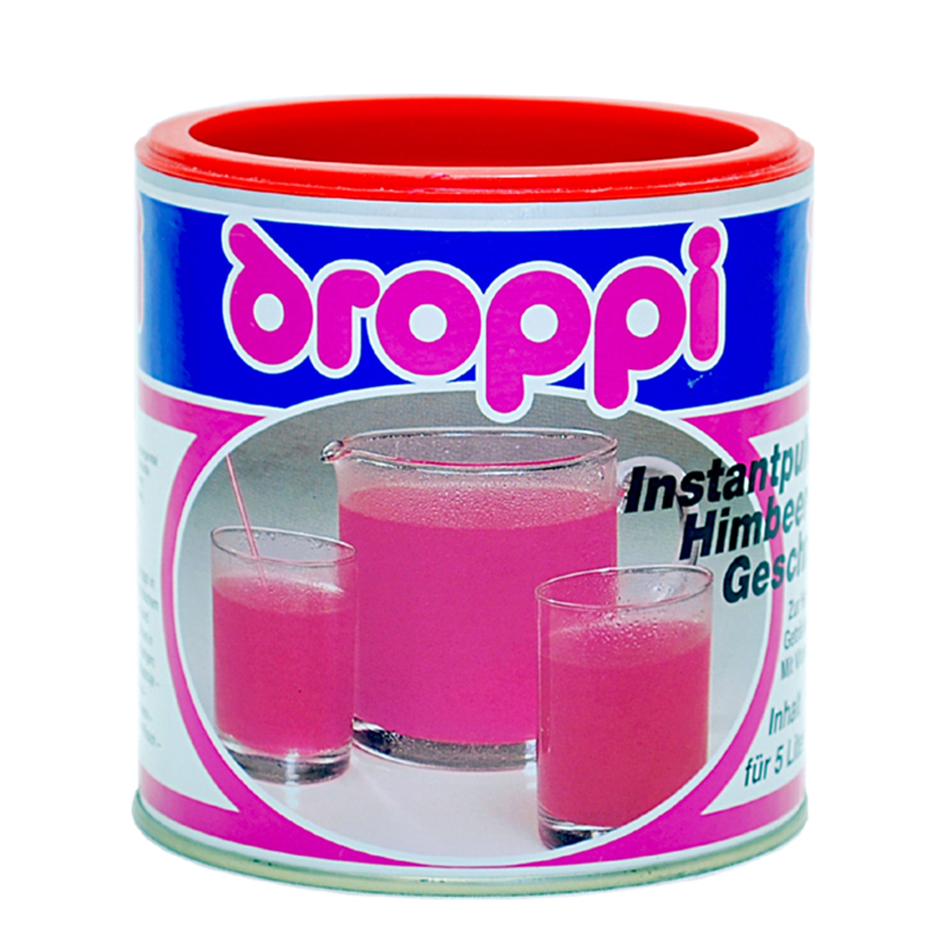 Wela Droppi Himbeer Geschmack - eine Dose mit bunten Illustrationen auf dem Etikett
