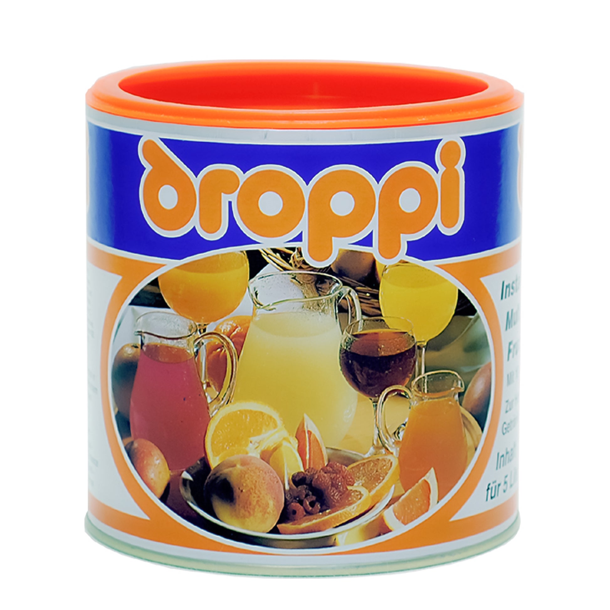 Wela Droppi Multivitamin Geschmack - eine Dose mit bunten Illustrationen auf dem Etikett.
