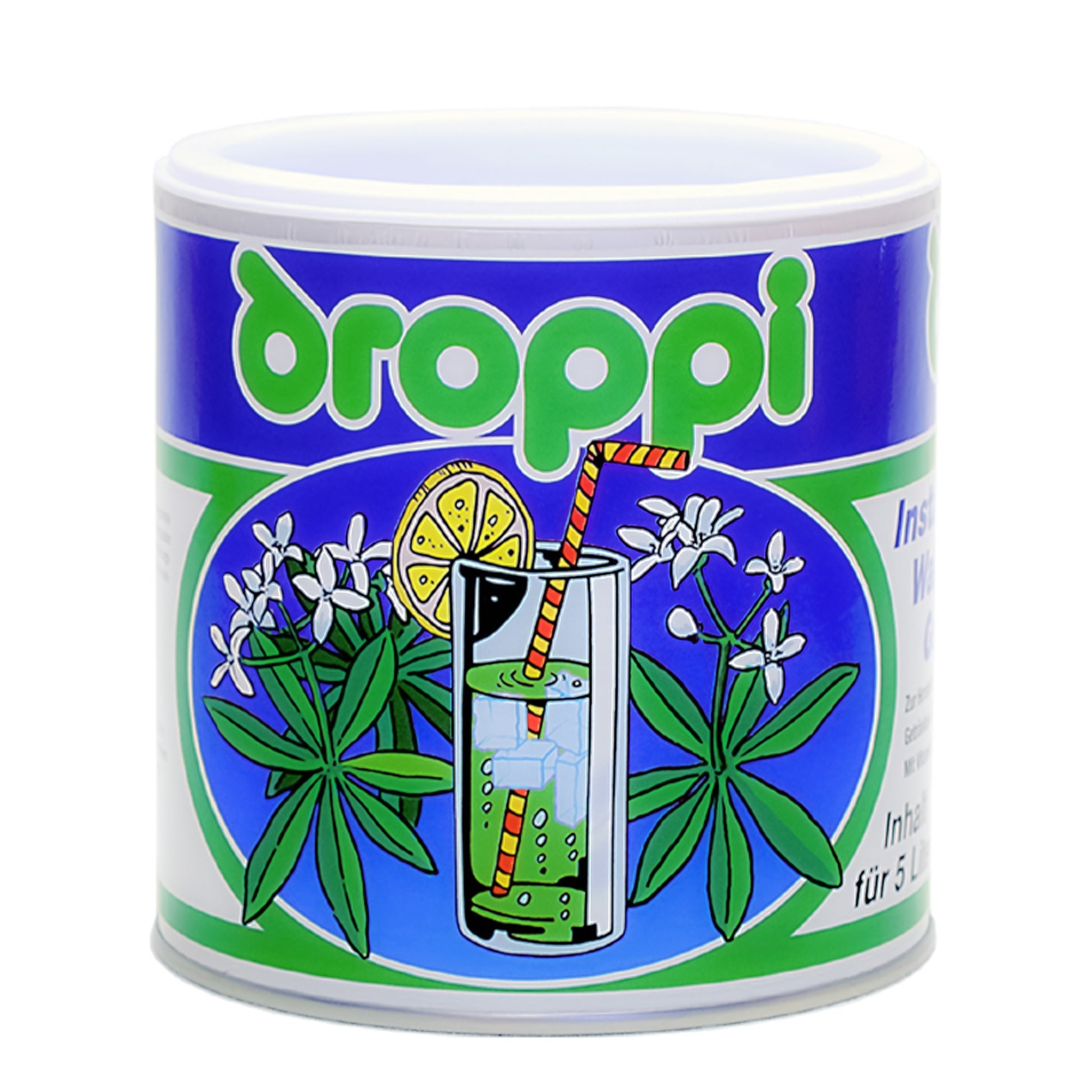 Wela Droppi Waldmeister Geschmack - eine Dose mit bunten Illustrationen auf dem Etikett
