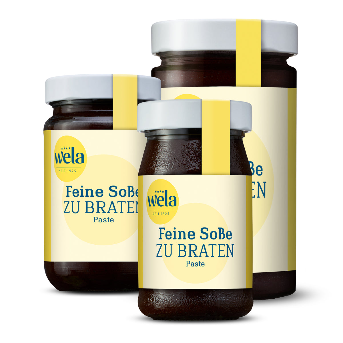 Wela Feine Soße zu Braten Paste, drei Gläser in verschiedenen Größen
