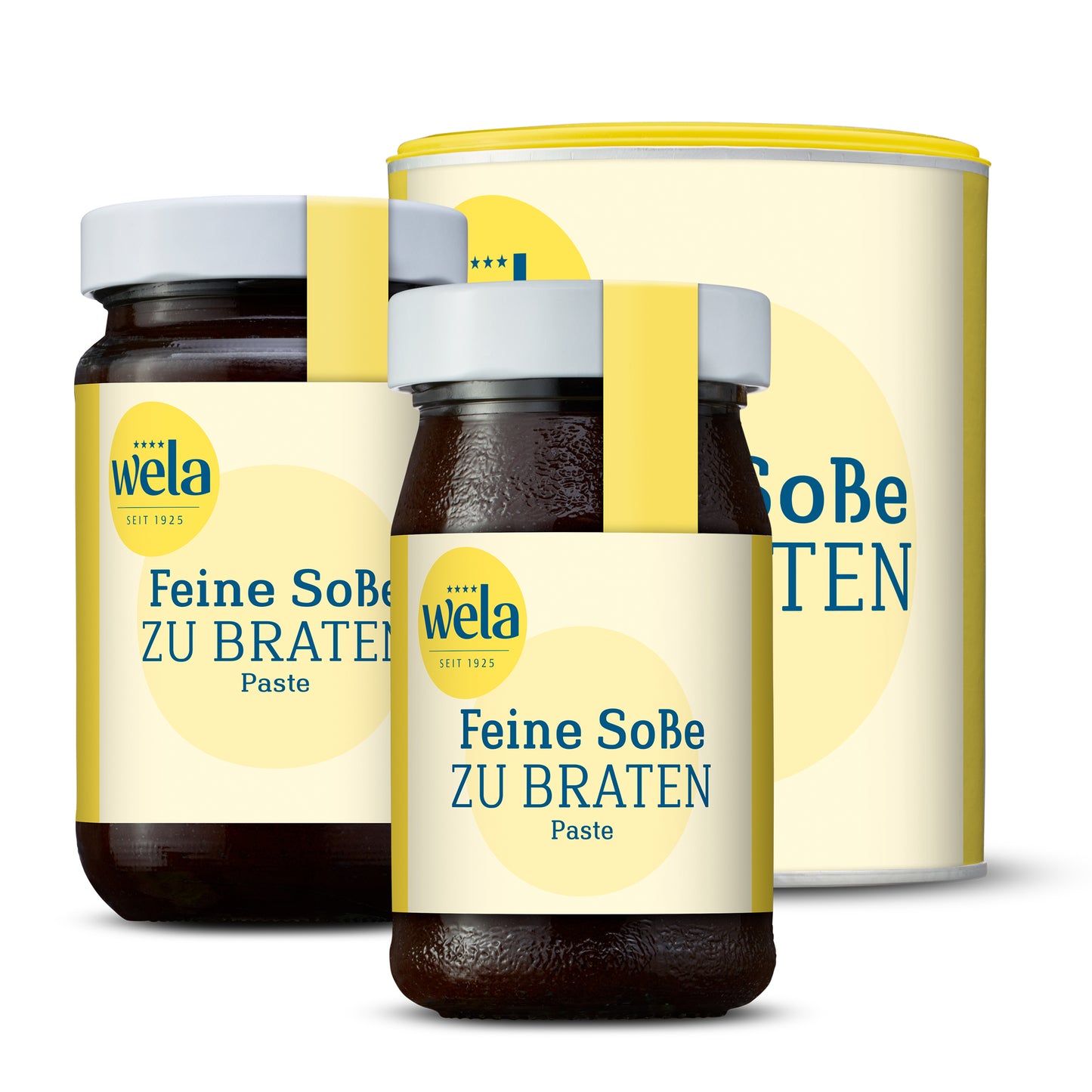 Wela Feine Soße zu Braten Paste - zwei Gläser und eine Dose mit gelb-weißem Etikett und gelber Banderole.