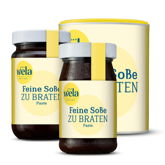Wela Feine Soße zu Braten Paste - zwei Gläser und eine Dose mit gelb-weißem Etikett und gelber Banderole.