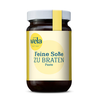 Wela Feine Soße zu Braten Paste - Glas mit dunkler Soßenpaste, gelb-weißem Vorderseitenetikett und gelber Banderole.