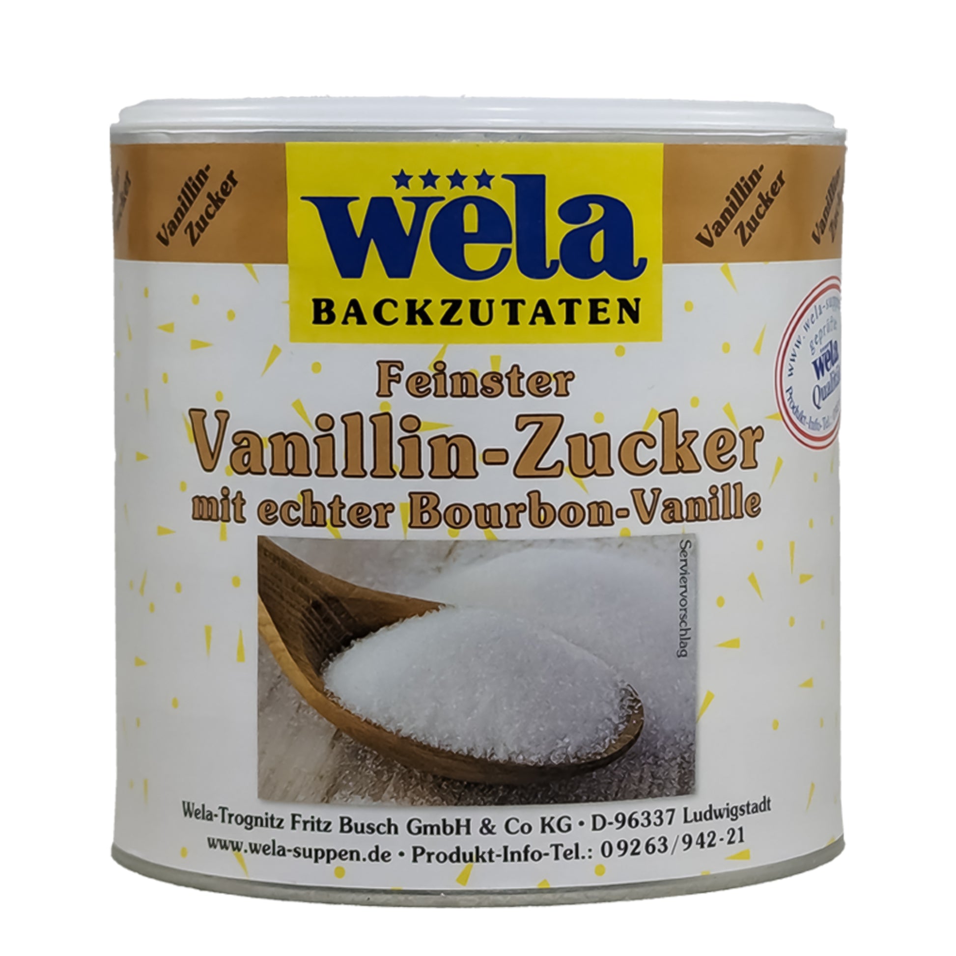 Wela Feinster Vanillin Zucker - eine Doste mit weiß-braunem Etikett und Motiv. 