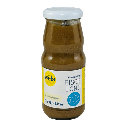 Wela Fischfond Konzentrat - Flasche mit dunklem Fond und gelb-weißen Etikett. 