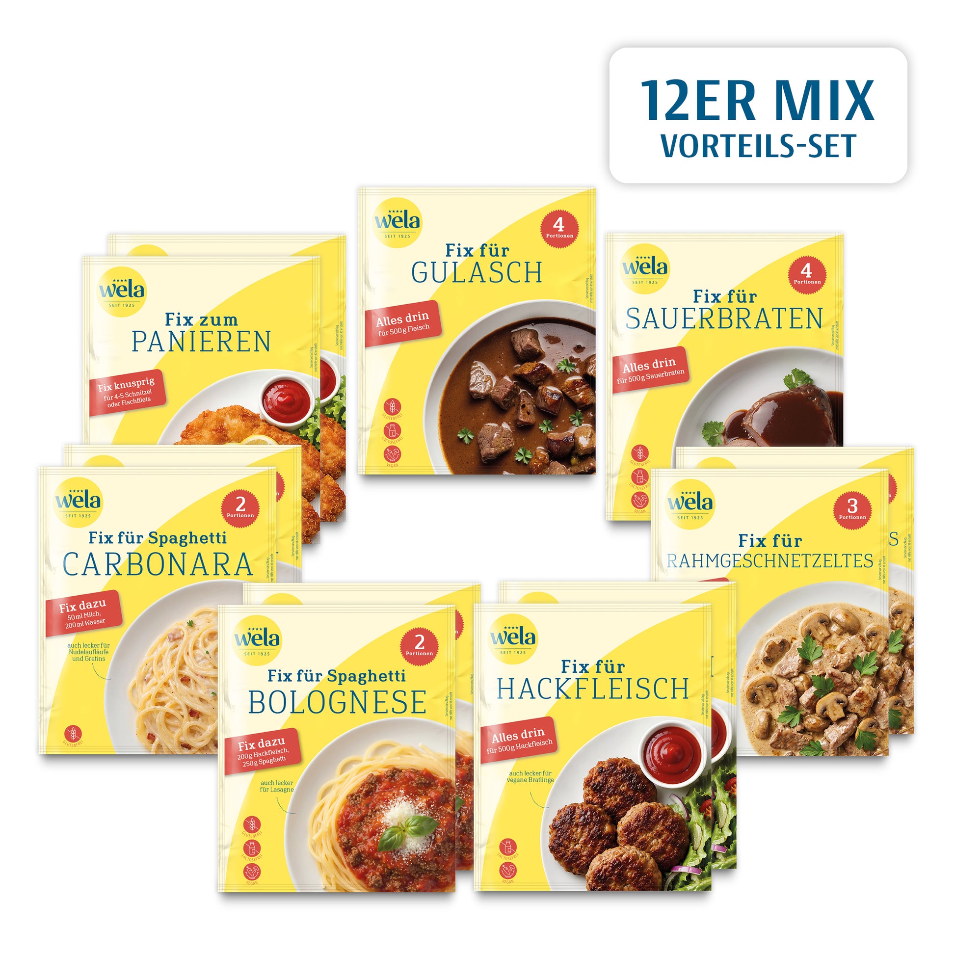 Wela Fix 12er Mix Vorteils-Set mit Panieren, Gulasch, Sauerbraten, Carbonara, Rahmgeschnetzeltes, Bolognese und Hackfleisch