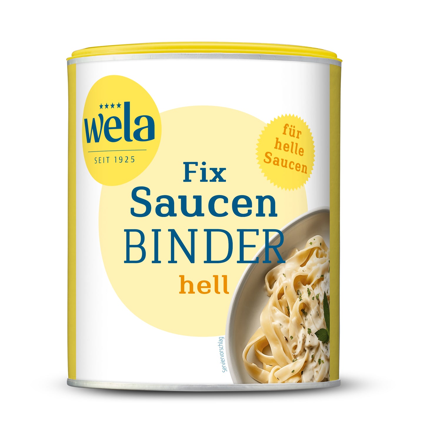 Wela Fix Saucenbinder hell - eine Dose mit weiß-gelbem Etikett,  Produktbezeichnung und Tellergericht als Motiv.
