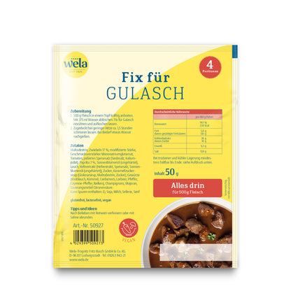 Wela Fix für Gulasch, 4 Portionen – Beutel Rückseite mit Zubereitung, Zutaten und Nährwerten
