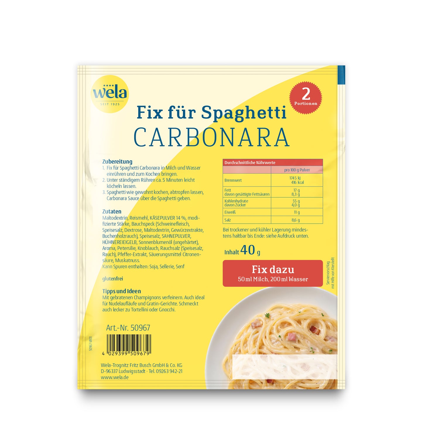 Wela Fix für Spaghetti Carbonara, 2 Portionen – Beutel Rückseite mit Zubereitung, Zutaten und Nährwerten