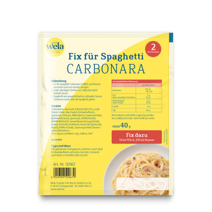 Wela Fix für Spaghetti Carbonara, 2 Portionen – Beutel Rückseite mit Zubereitung, Zutaten und Nährwerten