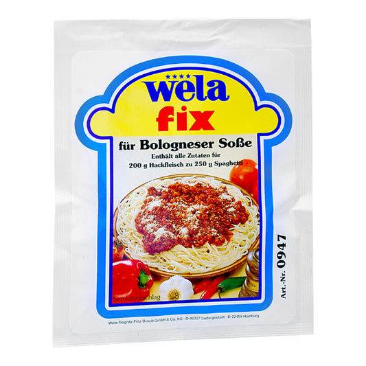 Wela Fix für Bolognese – weißer Beutel mit farbigem Etikett, Produktbezeichnung und Tellergericht als Motiv.