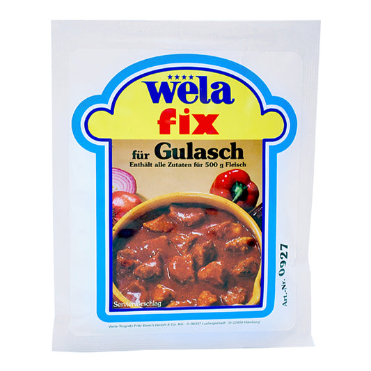 Wela Fix für Gulasch – weißer Beutel mit farbigem Etikett, Produktbezeichnung und Tellergericht als Motiv.

