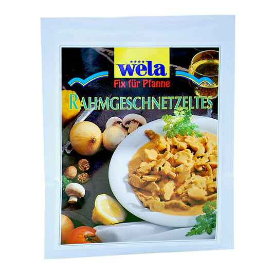 Wela Fix für Rahmgeschnetzeltes – weißer Beutel mit farbigem Etikett, Produktbezeichnung und Tellergericht als Motiv.