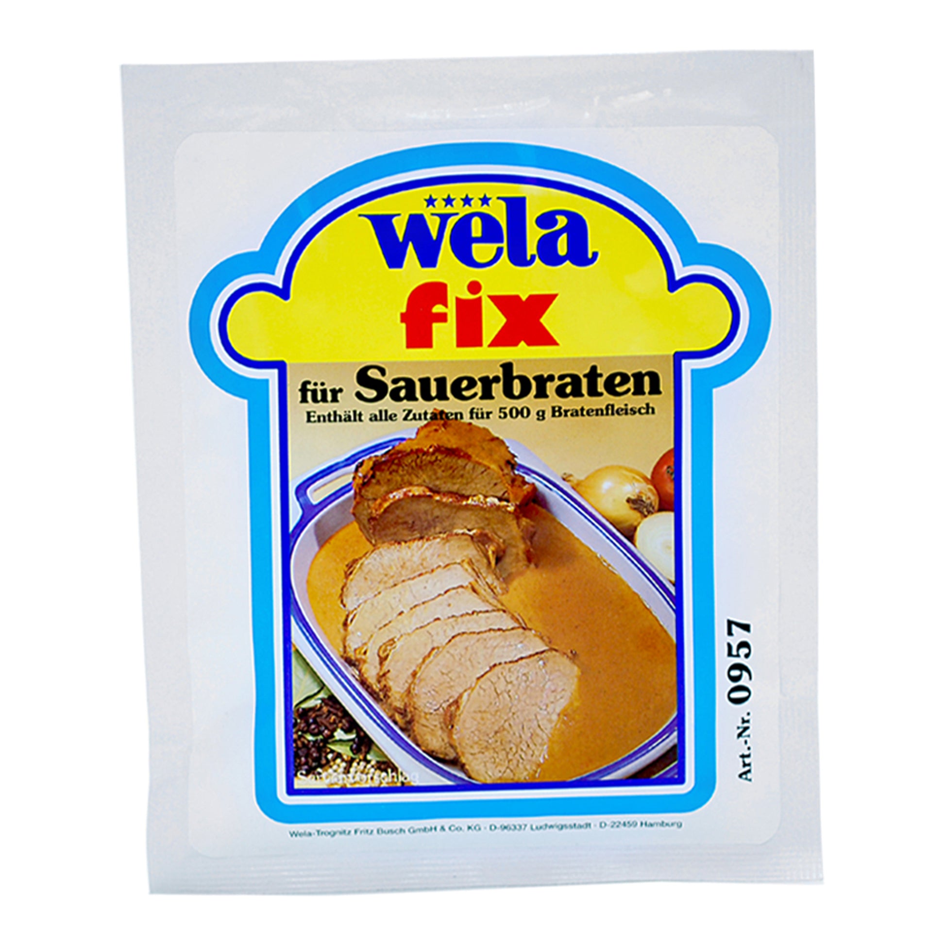 Wela Fix für Sauerbraten – weißer Beutel mit farbigem Etikett, Produktbezeichnung und Tellergericht als Motiv.
