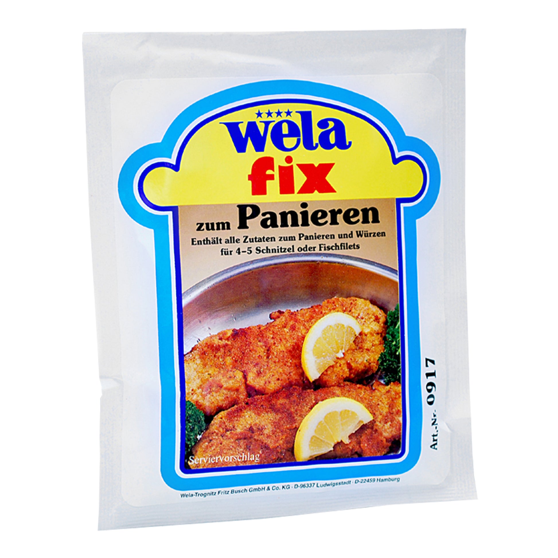 Wela Fix zum Panieren – weißer Beutel mit farbigem Etikett, Produktbezeichnung und Tellergericht als Motiv.
