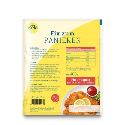 Wela Fix zum Panieren, für 4–5 Schnitzel oder Fischfilets – Beutel Rückseite mit Zubereitung, Zutaten und Nährwerten