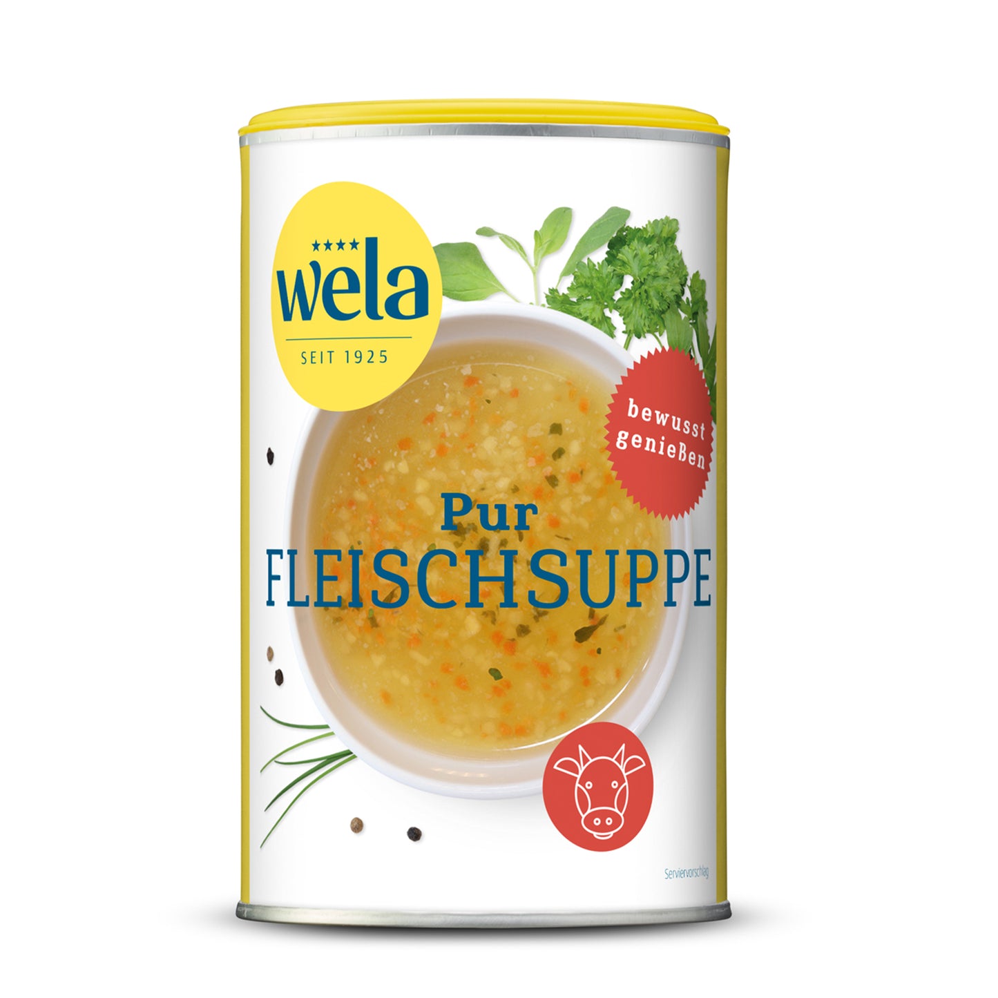 Wela Pur Fleischsuppe gekörnt - kleine Dose mit gelb-weißem Vorderseitenetikett, Motiv einer Brühe mit Kräutern.