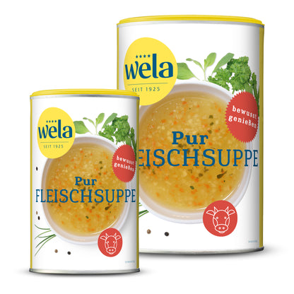 Wela Pur Fleischsuppe gekörnt - kleine Dose und eine Vorratsdose mit gelb-weißem Vorderseitenetikett, Motiv einer Brühe mit Kräutern.
