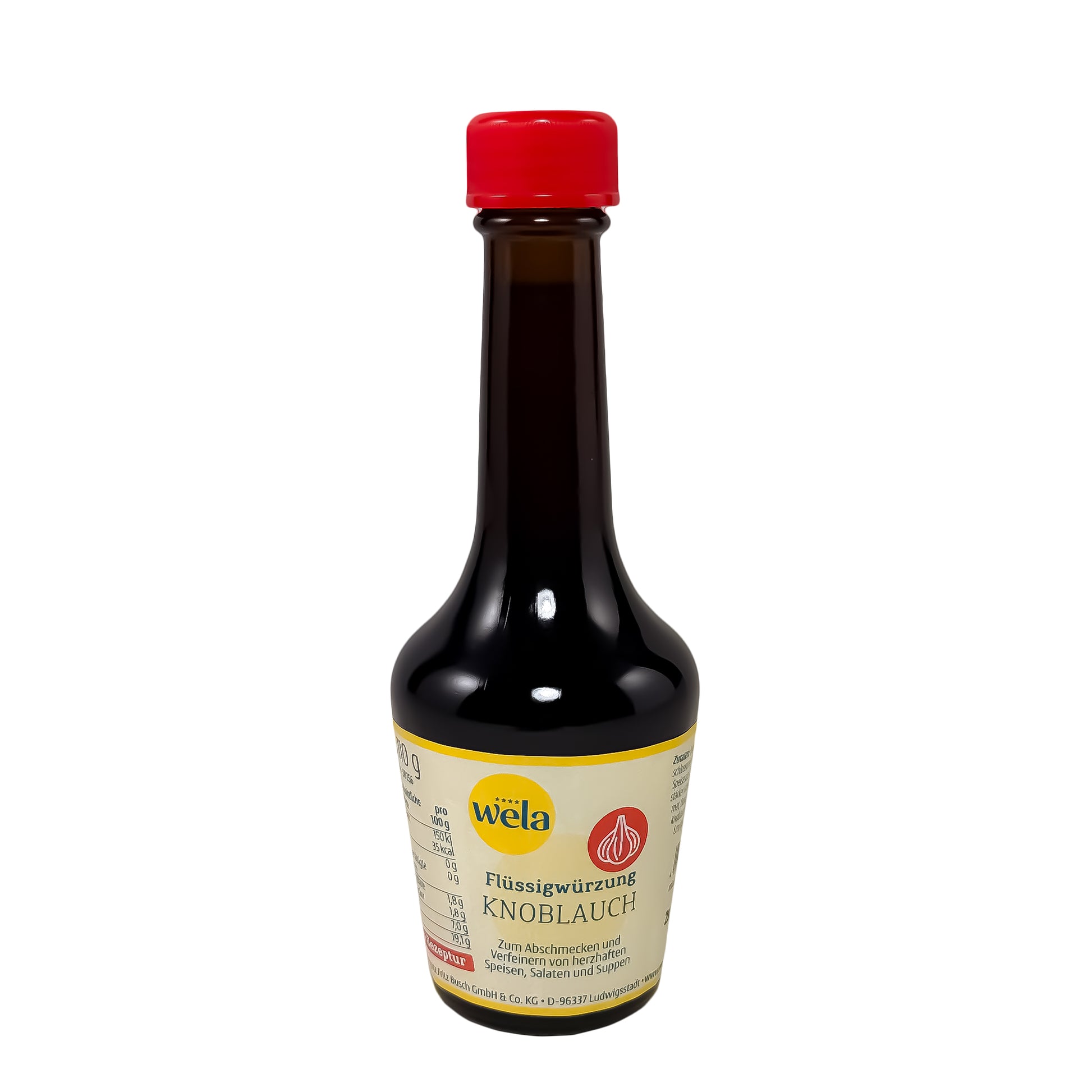 Wela Flüssigwürzung Knoblauch - eine schwarze Flasche mit rotem Verschluss und gelb-weißem Etikett. 