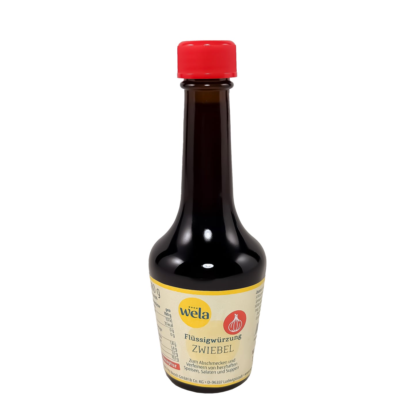 Wela Flüssigwürzung Zwiebel - eine schwarze Flasche mit rotem Verschluss und gelb-weißem Etikett. 