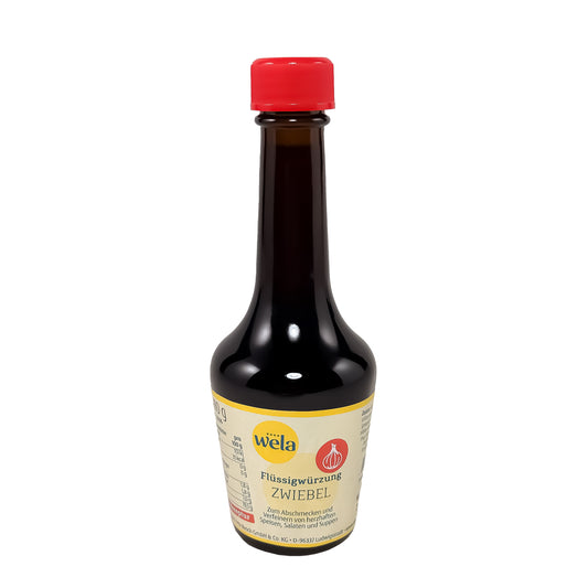 Wela Flüssigwürzung Zwiebel - eine schwarze Flasche mit rotem Verschluss und gelb-weißem Etikett. 