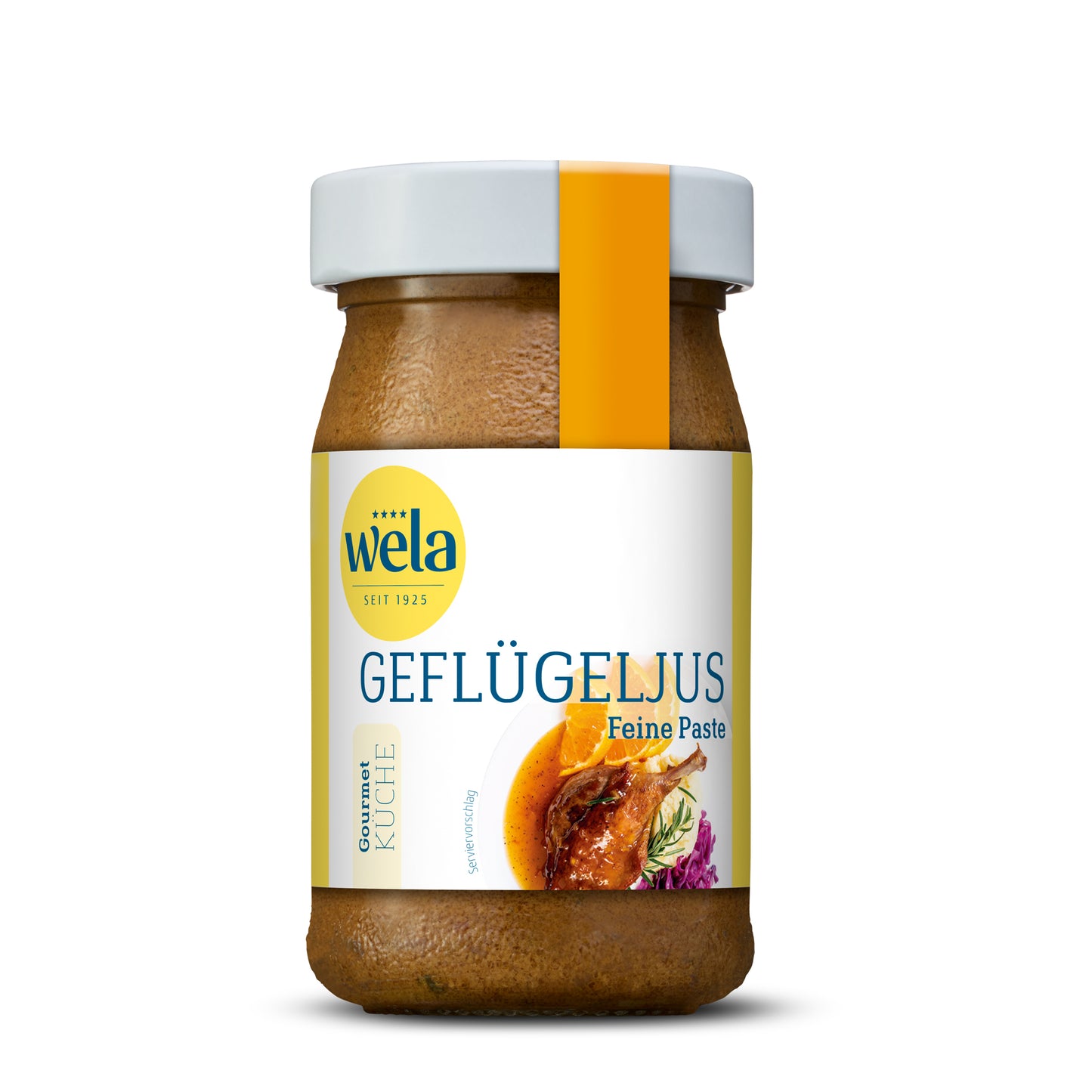 Wela Geflügeljus feine Paste - Glas mit brauner Saucenpaste, gelb-weißem Vorderseitenetikett, orange Banderole, Motiv mit Tellergericht. 
