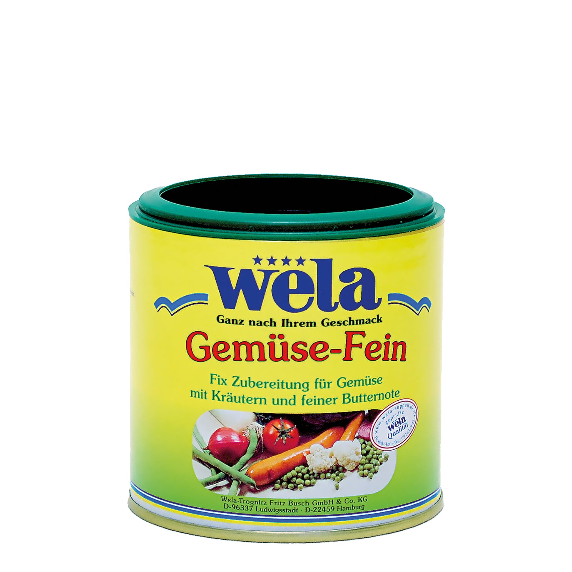 Wela Gemüse Fein - kleine Dose mit grün-gelben Etiketten und Gemüseabbildung.
