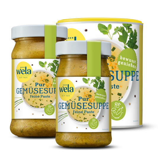 Wela Pur Gemüsesuppe Feine Paste – zwei Gläser und eine Dose mit gelb-weißem Etikett, grüner Banderole und Motiv einer Brühe mit Kräutern
