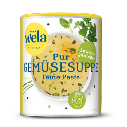 Wela Pur Gemüsesuppe Feine Paste - Vorratsdose mit gelb-weißem Vorderseitenetikett, Motiv einer Brühe mit Kräutern.