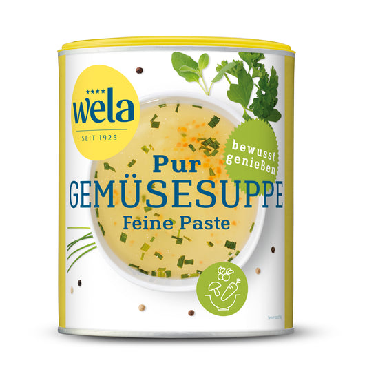 Wela Pur Gemüsesuppe Feine Paste - Vorratsdose mit gelb-weißem Vorderseitenetikett, Motiv einer Brühe mit Kräutern.