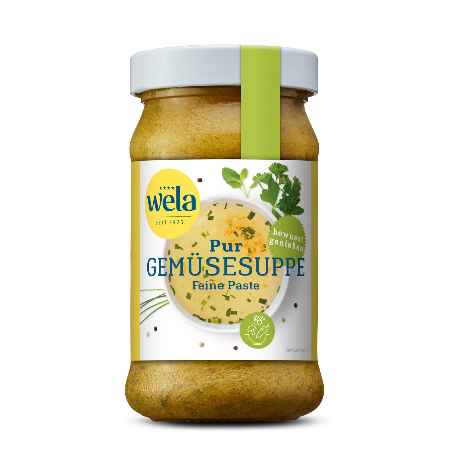 Wela Pur Gemüsesuppe Feine Paste - Glas mit heller Suppenpaste, gelb-weißem Vorderseitenetikett, grüne Banderole, Motiv einer Brühe mit Kräutern
