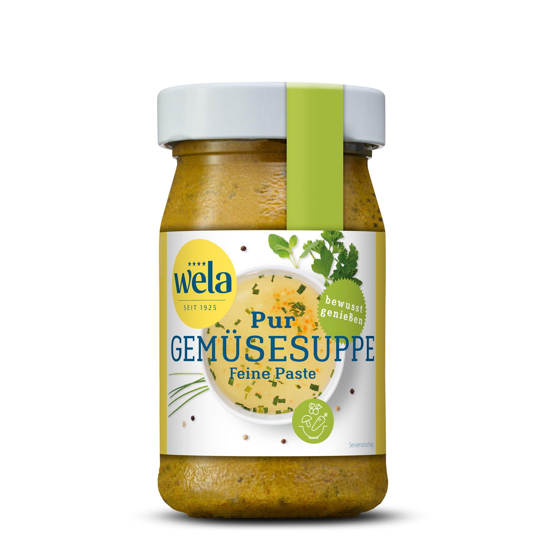Wela Pur Gemüsesuppe Feine Paste - kleines Glas mit heller Suppenpaste, gelb-weißem Vorderseitenetikett, grüne Banderole, Motiv einer Brühe mit Kräutern.