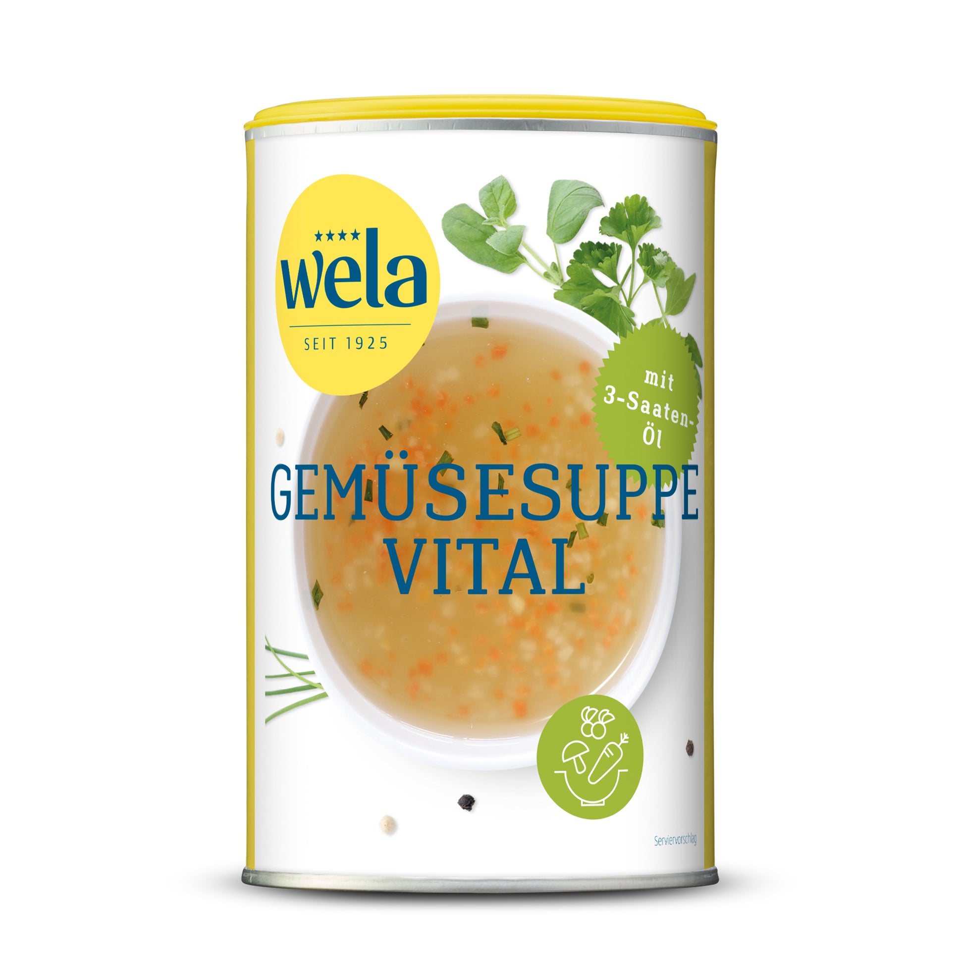 Wela Gemüsesuppe vital gekörnt - Dose mit gelb-weißem Vorderseitenetikett, Motiv einer Brühe mit Kräutern.