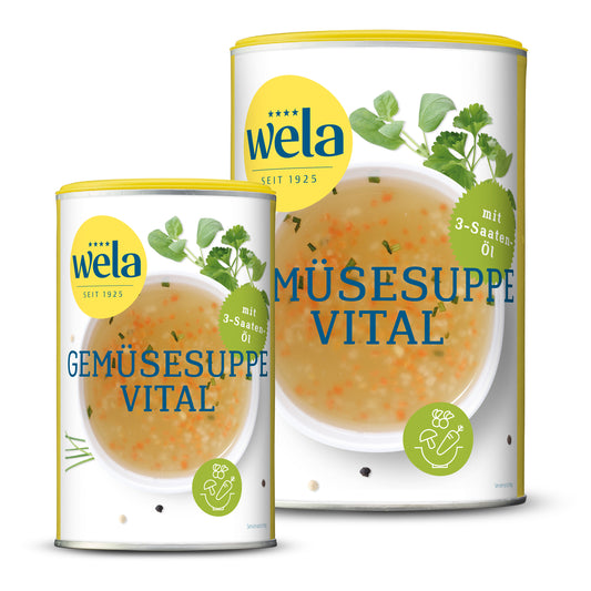 Wela Gemüsesuppe vital gekörnt - eine Dose und eine Vorratsdose mit gelb-weißem Vorderseitenetikett, Motiv einer Brühe mit Kräutern.
