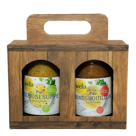 Wela Geschenkbox Pur - Zwei kleine Gläser mit Brühenpaste sichtbar in einem braunen Geschenkkarton verpackt. 

