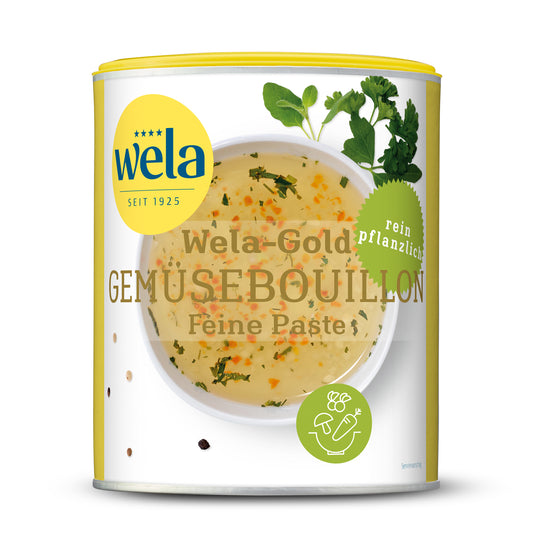 Wela Gold Gemüsebouillon Feine Paste - Vorratsdose mit gelb-weißem Vorderseitenetikett, Motiv einer Brühe mit Kräutern.