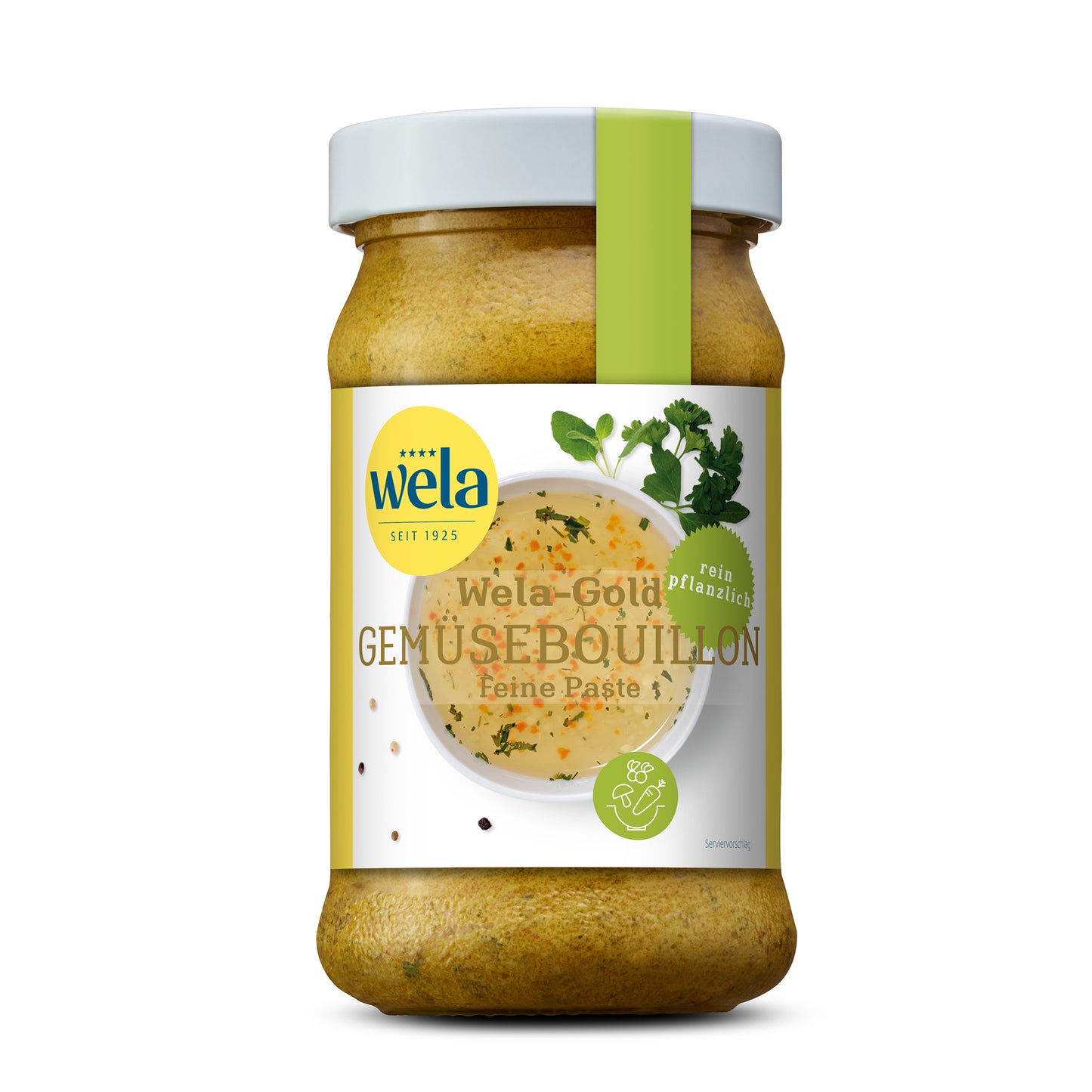 Wela Gold Gemüsebouillon Feine Paste - Glas mit heller Suppenpaste, gelb-weißem Vorderseitenetikett, grüne Banderole, Motiv einer Brühe mit Kräutern.